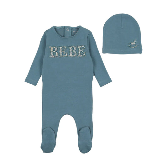 Bebe Ditsy Footie and Beanie in Deep Marine