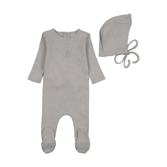 Bird Pointelle Footie and Bonnet in Dusty Blue