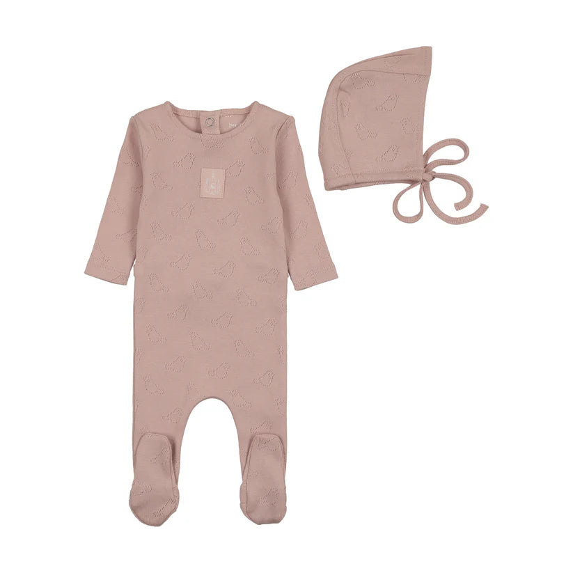 Bird Pointelle Footie and Bonnet in Muted Pink