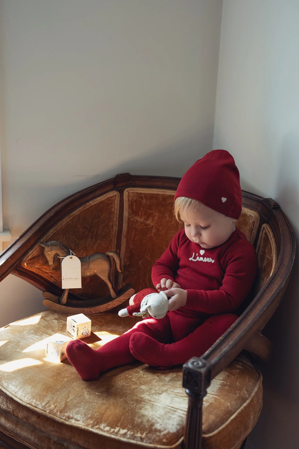 Deep Red Embroidered Heart Footie Set