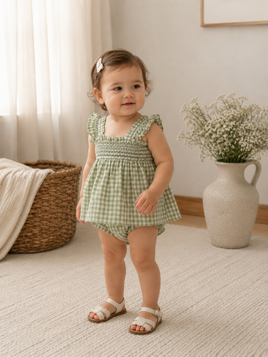Sage Gingham Smocked Bloomers Set