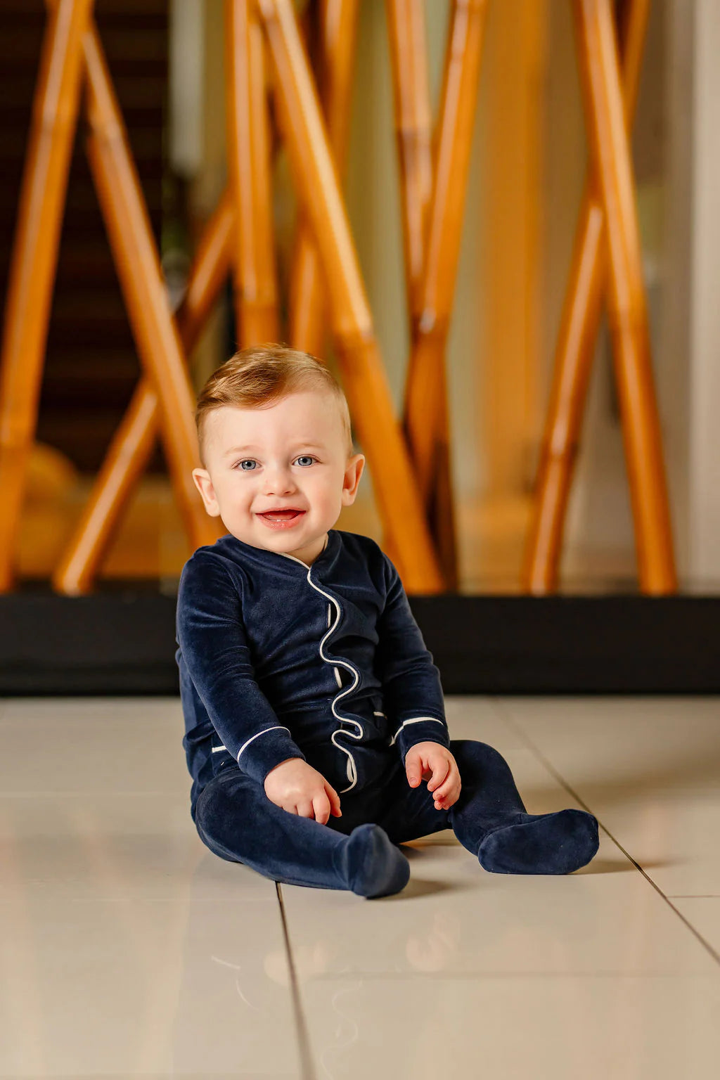 Velour Footie and Beanie in Navy