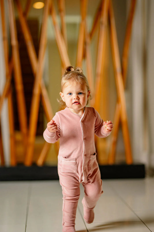 Velour Footie and Beanie in Dusty Pink