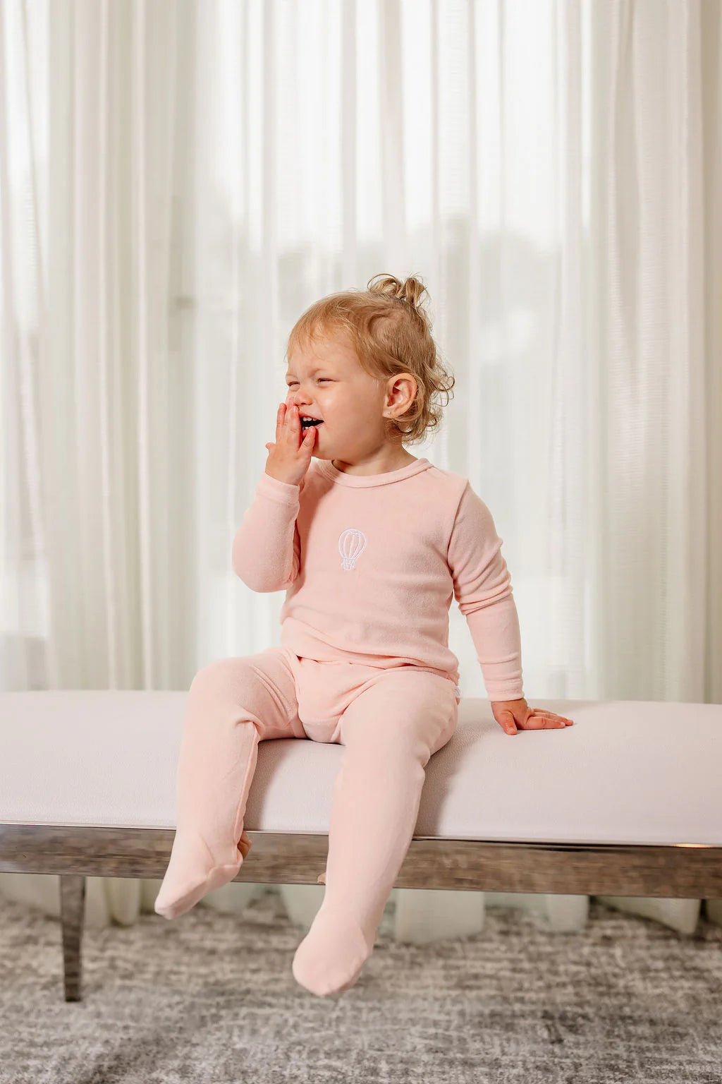 Velour Embroidered Footie and Beanie in Pink