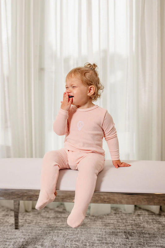 Velour Embroidered Footie and Beanie in Pink