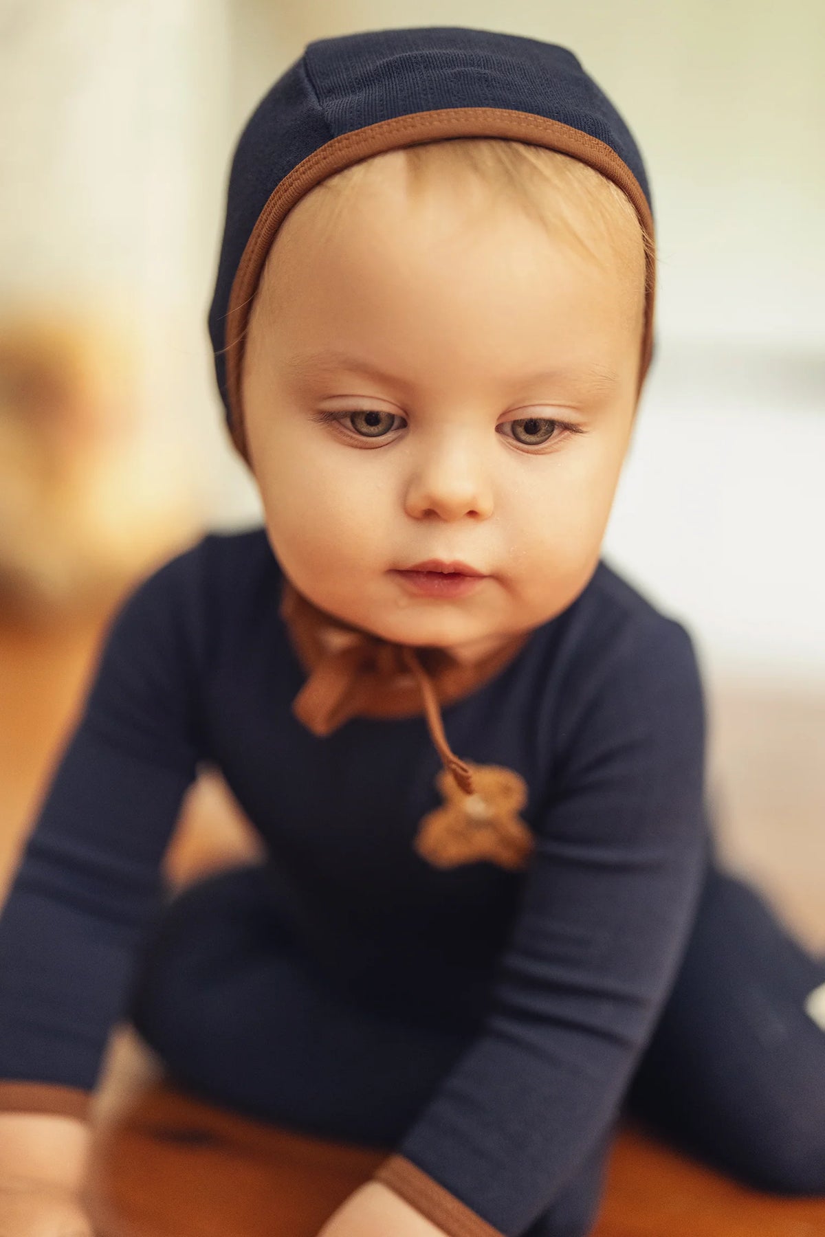 Navy Pointelle Bear Patch Footie Set