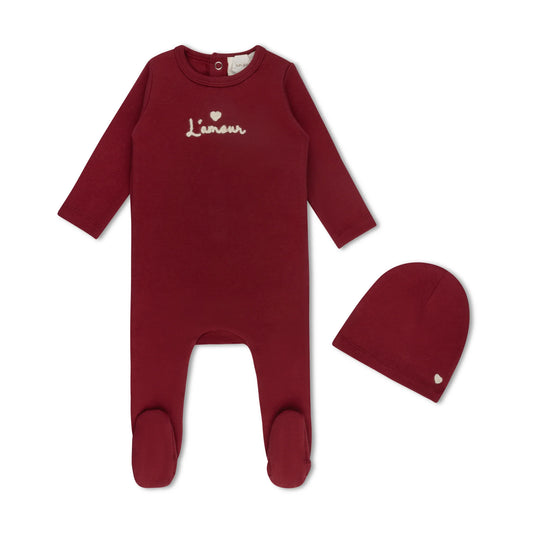Deep Red Embroidered Heart Footie Set