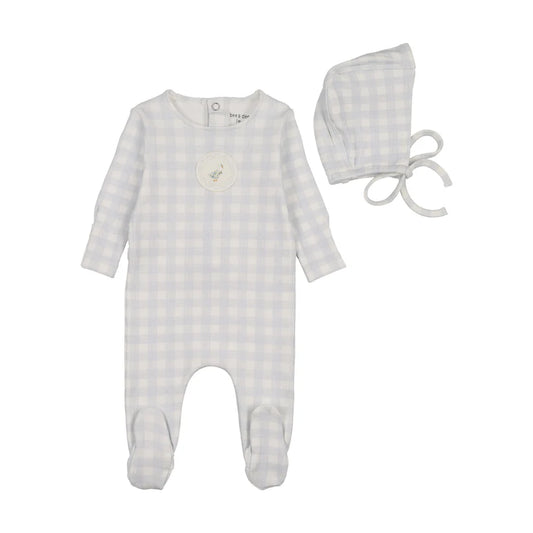 Goose on Plaid Footie and Beanie in Light Blue