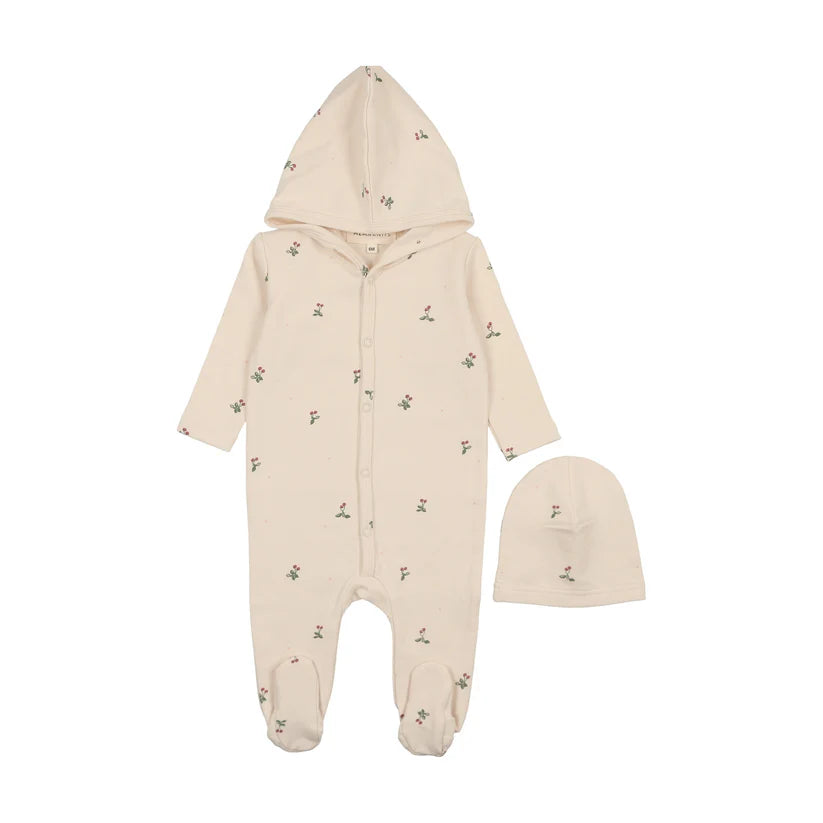 Hooded Footie and Beanie in Ecru/Cherry Print