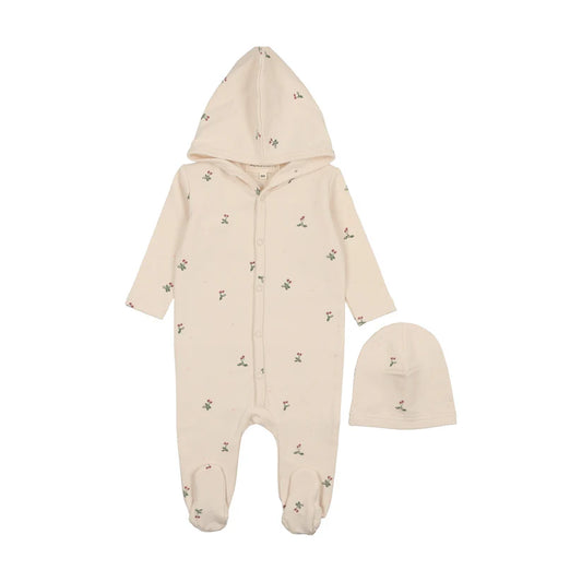 Hooded Footie and Beanie in Ecru/Cherry Print