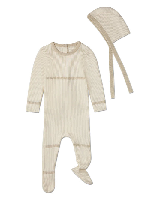 Lurex-Trimmed Ribbed Footie and Bonnet