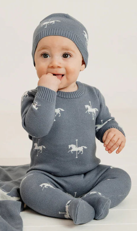 Knit Carousel Footie and Beanie in Stone Gray