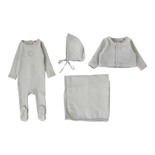 Velour Cardi Layette Set in Dusty Blue