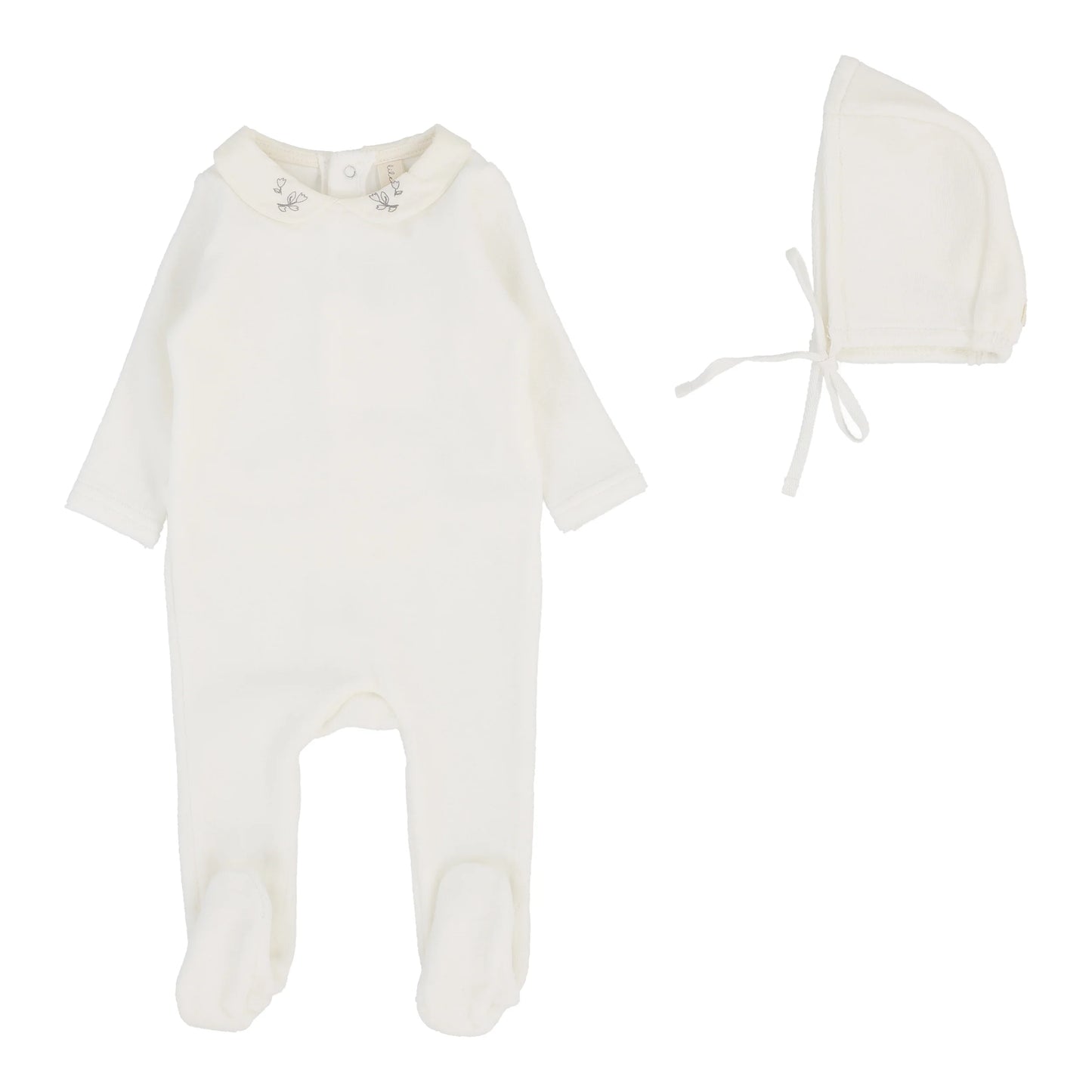 Velour Embroidered Collar Footie Set in Cream/Oat