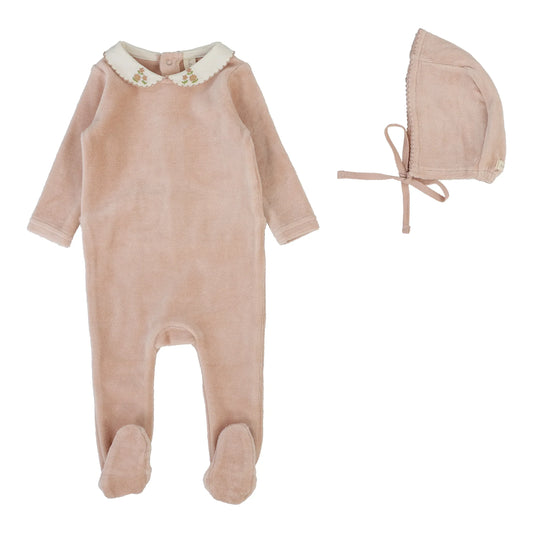 Velour Embroidered Collar Footie Set in Dusty Pink