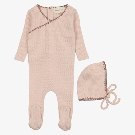 Embroidered Edge Knit Footie and Bonnet in Soft Pink/Clay