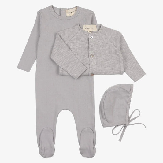 Pointelle Footie With Cardigan and Beanie - Light Blue