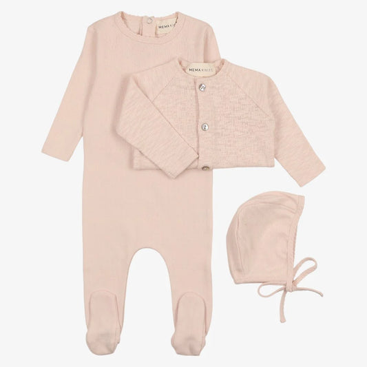 Pointelle Footie With Cardigan and Beanie - Peach