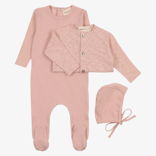 Pointelle Footie With Cardigan and Beanie - Mauve