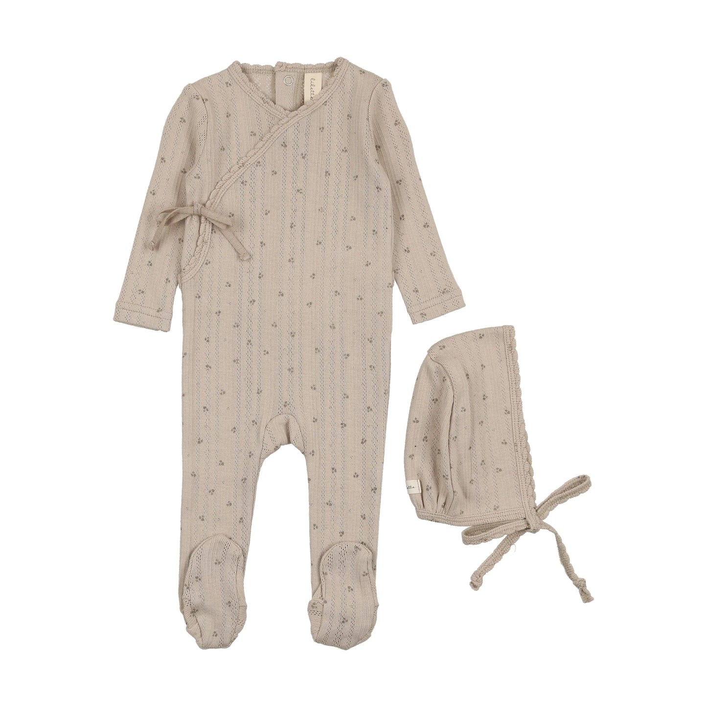 Printed Pointelle Wrap Footie Set in Taupe