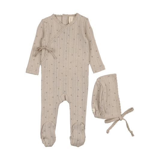 Printed Pointelle Wrap Footie Set in Taupe