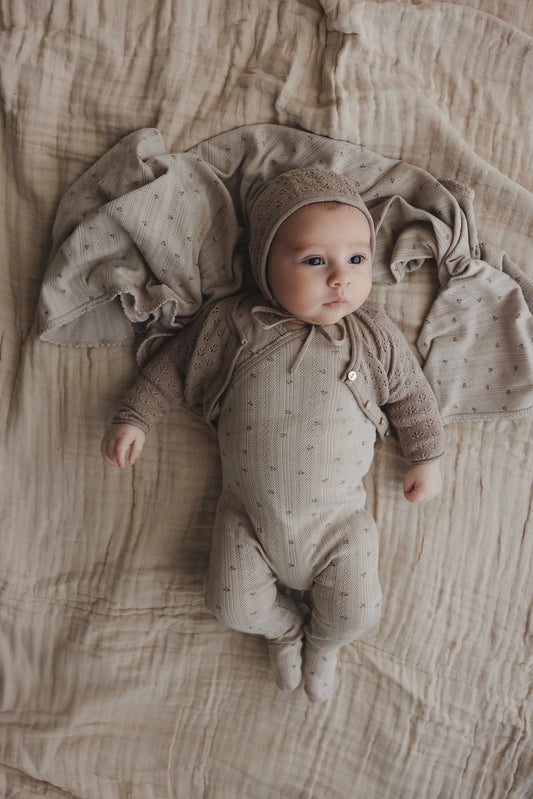 Printed Pointelle Wrap Footie Set in Taupe