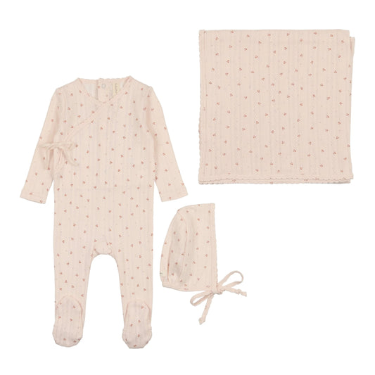 Printed Pointelle Wrap Layette Set in Pale Pink