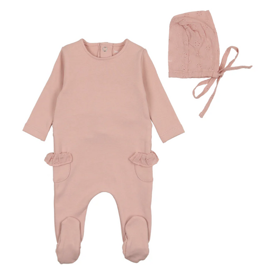Eyelet Footie and Bonnet in Petal Pink