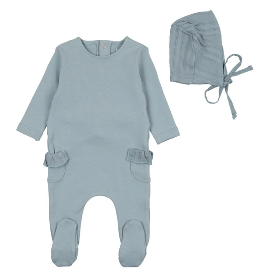 Eyelet Footie and Bonnet in Medium Blue