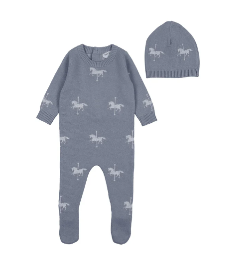 Knit Carousel Footie and Beanie in Stone Gray