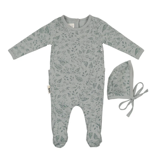Soft Vines Footie and Bonnet Set in Sky Blue