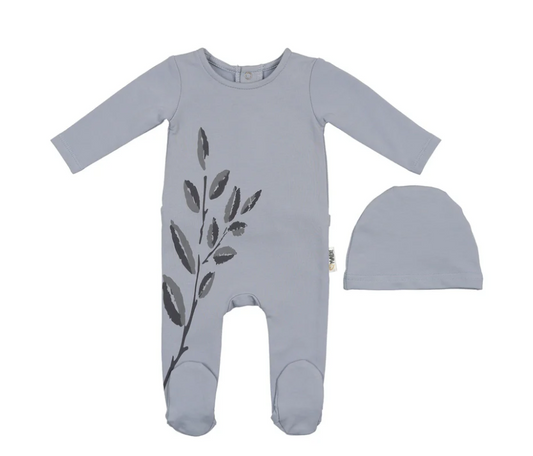 Blooming Leaves Footie and Beanie in Blue