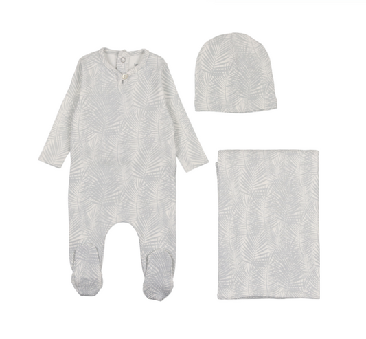 Tropical Print Layette Set in Dusty Blue