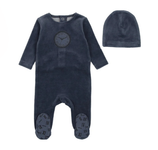 Clock Velour Footie and Beanie in Navy