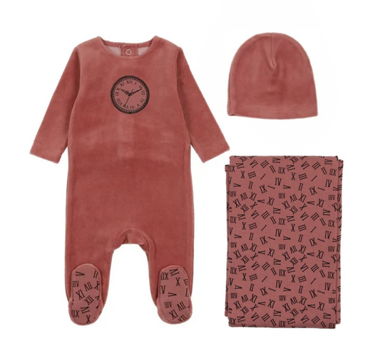 Clock Velour Layette Set in Rhubarb