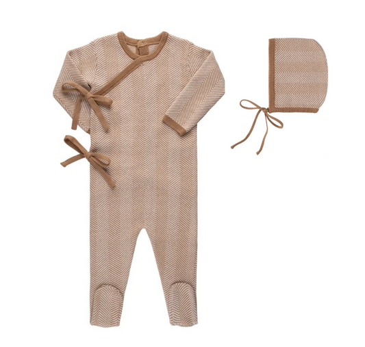 Herringbone Knit Footie and Bonnet in Tan