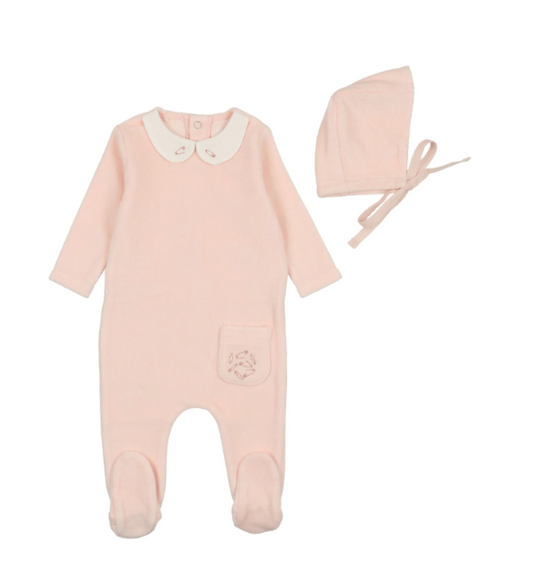 Embroidered Safety Pin Footie and Bonnet in Baby Pink