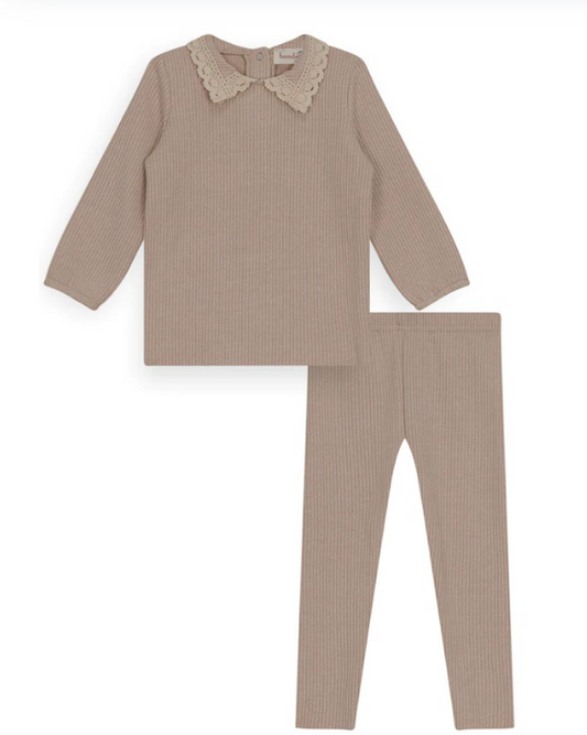 Lace Collar Knit Set in Beige