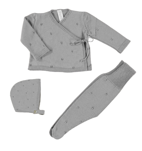 Pointelle Knit Sweater Set and Bonnet in Gray
