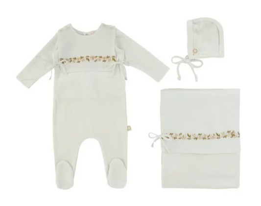 Velour Embroidered Bib Layette Set in Ivory