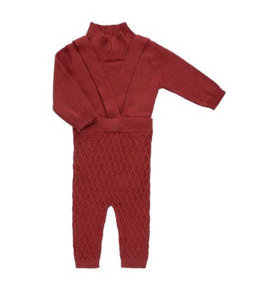 Mock Neck Suspender Set in Brick Red