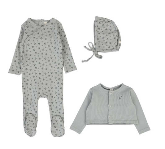 Lilette Embroidered Bud Footie, Cardigan & Bonnet - Light Blue