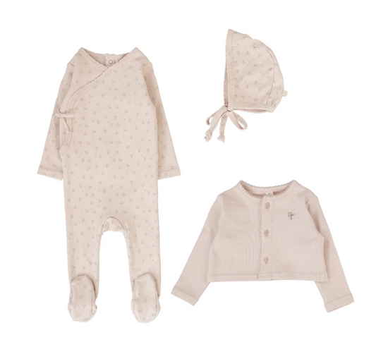 Lilette Embroidered Bud Footie, Cardigan & Bonnet - Soft Pink