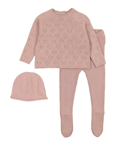 Peach Dust Heart Pointelle Knit Two Piece Set + Beanie