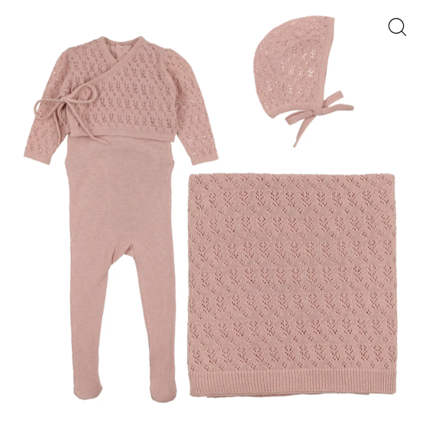 Knit Sleeveless Footie with Cardigan Layette Set in Peach Dust