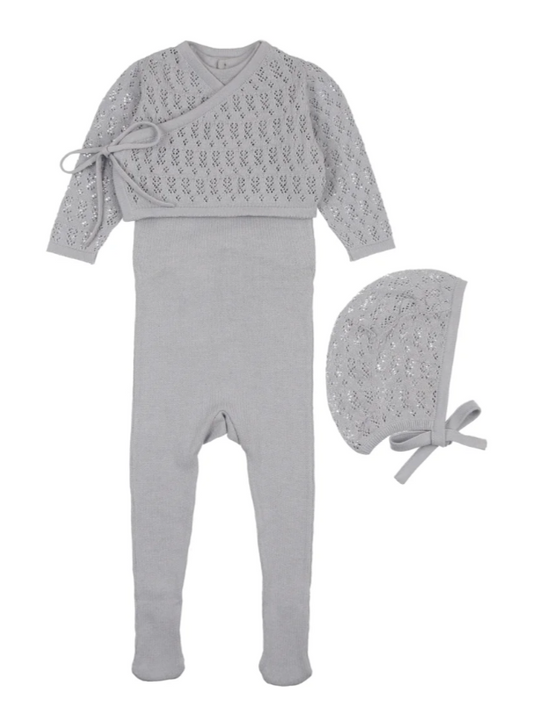 Knit Sleeveless Footie, Cardigan & Bonnet in Light Blue