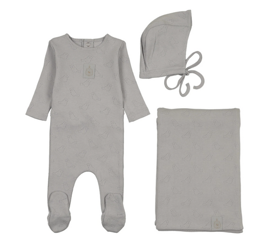 Pointelle Birds Layette Set in Dusty Blue