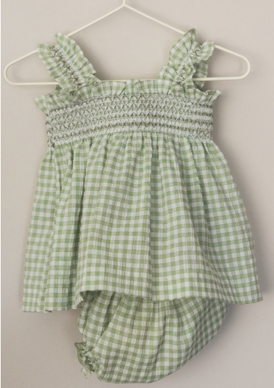 Sage Gingham Smocked Bloomers Set
