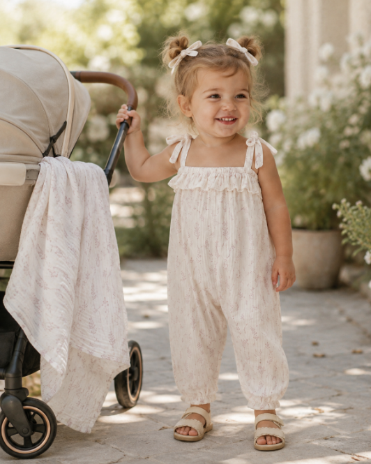 Lavender Printed Muslin Romper (9m, 12m, 24m)