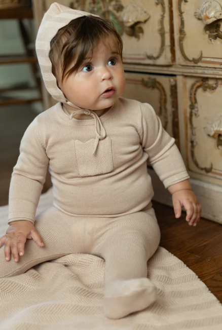 Chevron Knit Footie & Bonnet in Toasted Almond
